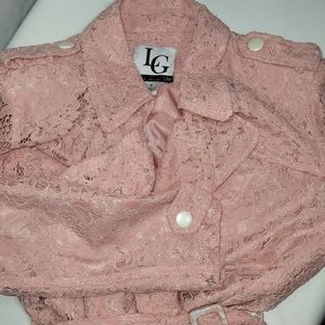 NWT Lena Gabrielle Pink Lace Open Front Belted Trench Coat
